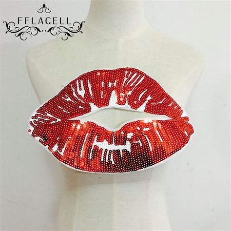 Fflacell Big Red Lips Sequins Patches Applique Iron On Embroidered For