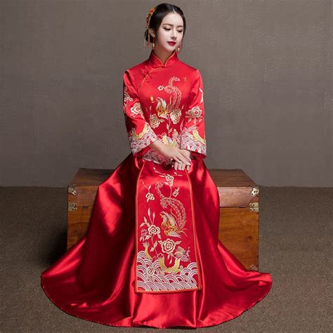 red bride cheongsam vintage chinese style wedding evening dress clothing embroidery phoenix