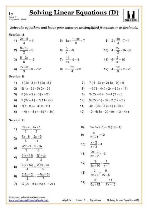 Grade 7 Linear Equations Worksheets