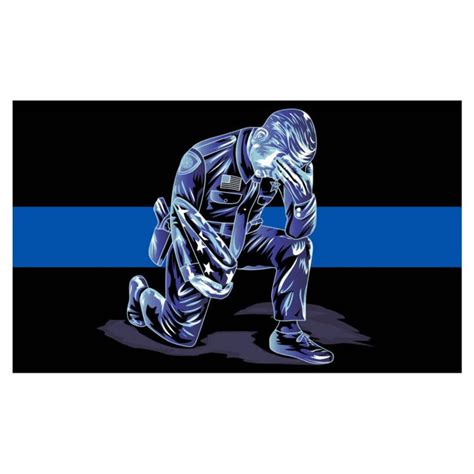 Kneeling Police Officer Praying With Flag Thin Blue Line Law