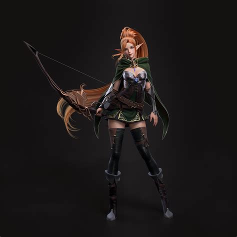 Cifangyi CGi Women Elves Archer Redhead Long Hair Ponytail Pointy Ears Cape Green Clothing Bow