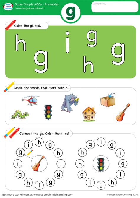 Letter Recognition And Phonics Worksheet G Lowercase Super Simple