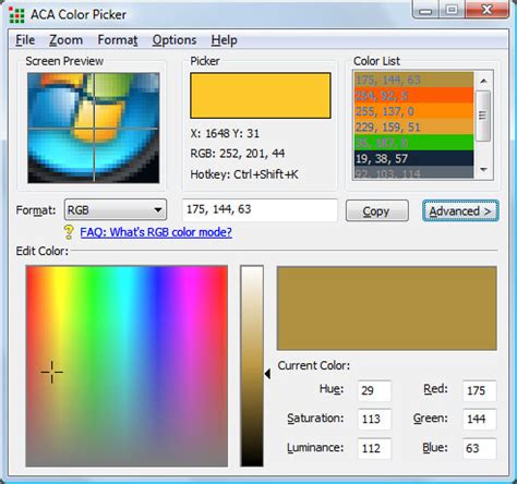ACA Color Picker - Color Selection Software Download for PC Click on the field of color selection, and for a more precise also, you can download the color selected.