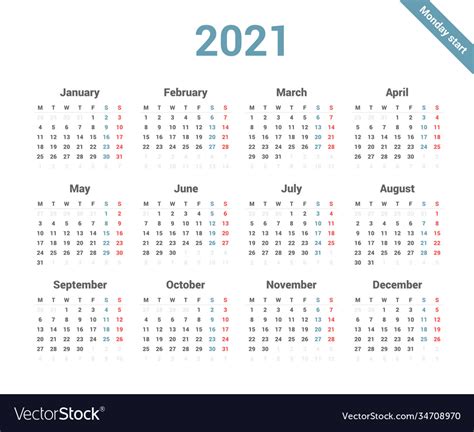 Calendar 2021 Simple Style Week Starts On Monday Vector Image
