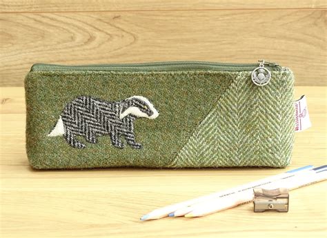 Harris Tweed Pencil Case With Appliqué Badger Long Pouch Etsy Uk