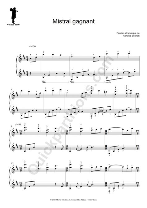 Partition Piano Facile Mistral Gagnant De Galagomusic