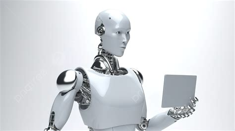 الروبوت يحمل الكمبيوتر اللوحي أمامه 3d أداء إنسان آلي صورة الخلفية