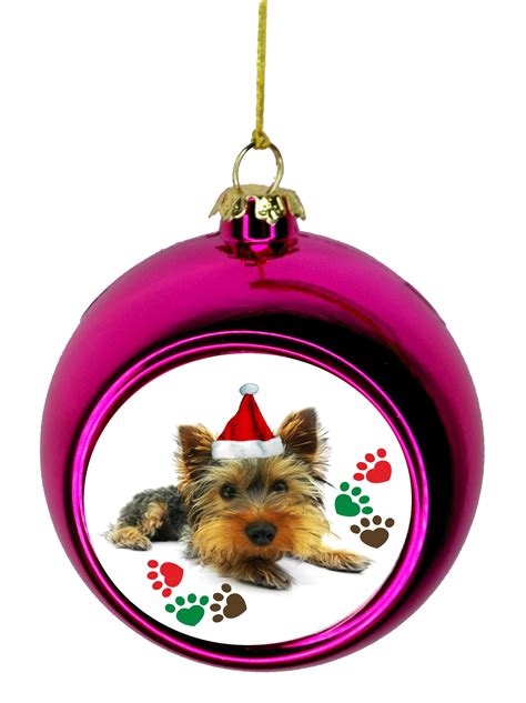 Ornament Yorkie Yorkshire Terrier in a Santa Claus Hat  Pawprints