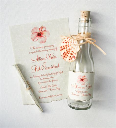 In case, you are getting married alongside a beach just during or before the christmas eve, then you can use beach wedding message ornament. Hibiscus Beach Bottle Wedding Invitations | Mospens Studio