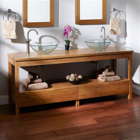 Corner vanity double vessel sinks traditional bathroom newark a breathtaking arrangement of a bathroom with a corner sink unit for two people. 72" Aran Bamboo Double Vessel Sink Console Vanity | Decor ...