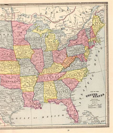 1898 Antique United States Map Of The Usa Map George Cram Etsy Map