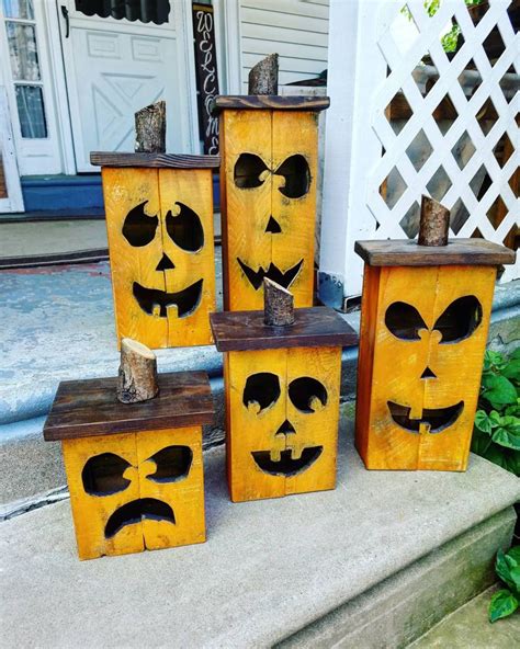 Set Of 5 Reclaimed Wood Jack O Lanterns Wood Pumpkin Lantern Fall
