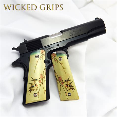 Custom 1911 Grips Japanese Birds Ver 1 Wicked Grips Custom Handgun Pistol Grips