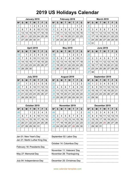 Us Public Holidays Calendar 2019 Monthly Calendar Template Holiday