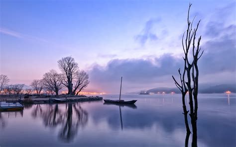 Early Morning Dawn Lights Lake Reflection Boat Trees Fog