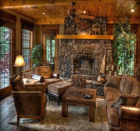 Beautiful Rustic Living Room With Rock Fireplace And Wood Beams Could