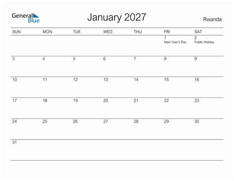 Printable January 2027 Monthly Calendar With Holidays For Rwanda