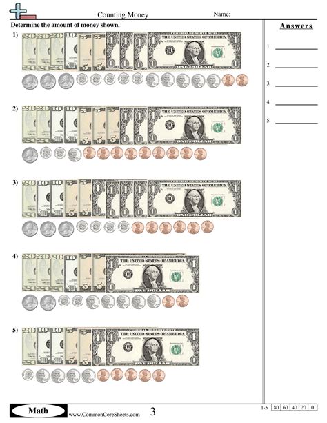 Counting Dollar Bills Worksheets