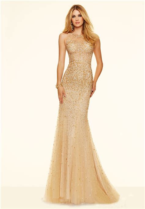 Sexy Mermaid Sheer See Through Gold Tulle Beaded Prom Dress