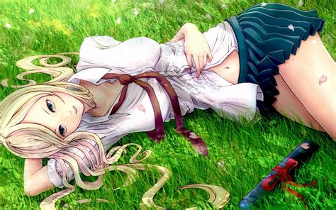 Girl Laying On Grass Field Anime Illustration HD Wallpaper Wallpaper Flare