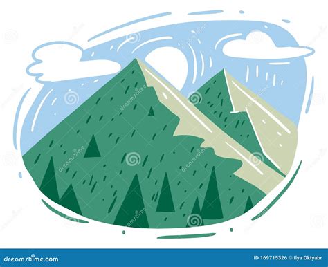 Green Mountain Landscape With Clouds And Sun Vector Illustration