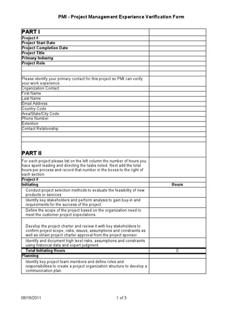 Pmi Verification Form Template Project Management Production And