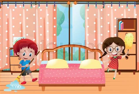 Two Kids Cleaning The Bedroom Stock Vector Colourbox
