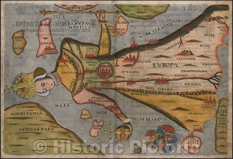 Historic Map Europe In The Shape Of A Queen 1581 Heinrich Bunting