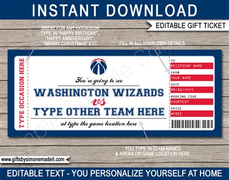 Washington Wizards Game Ticket T Voucher Printable Surprise Nba