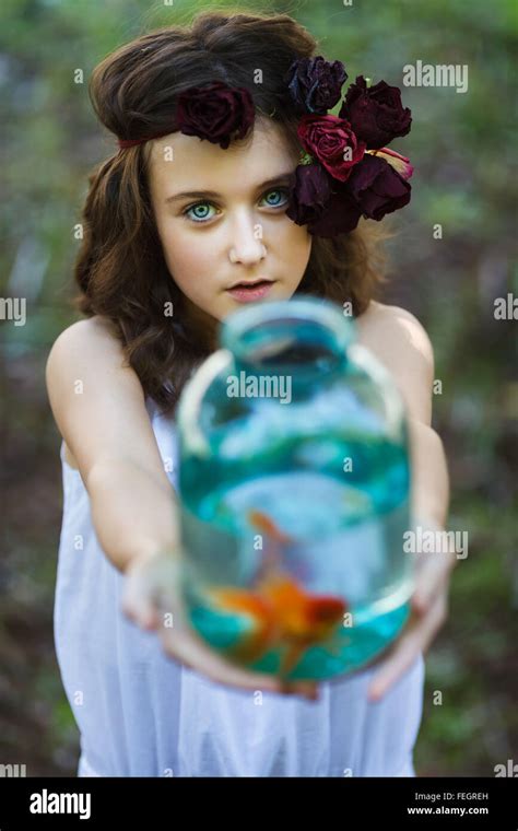 Young Girl With Gold Fish At Summer Time Stock Photo Alamy
