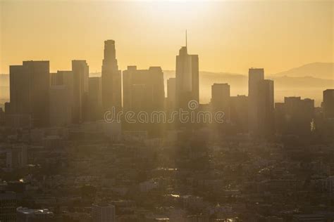 Rising Sun Above Downtown Los Angeles Stock Image Image Of Streets