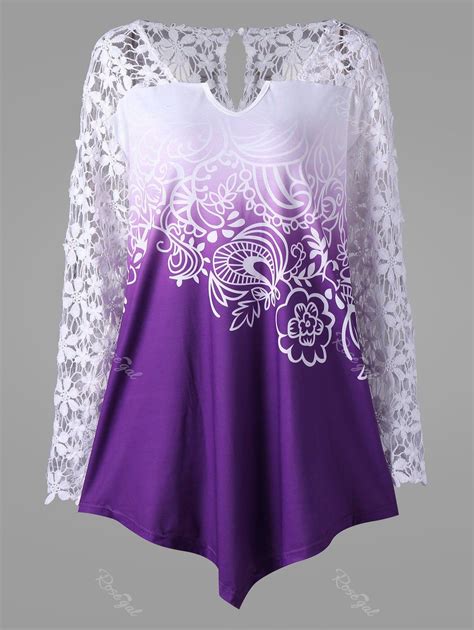 Purple Xl Plus Size Ombre Lace Yoke Top