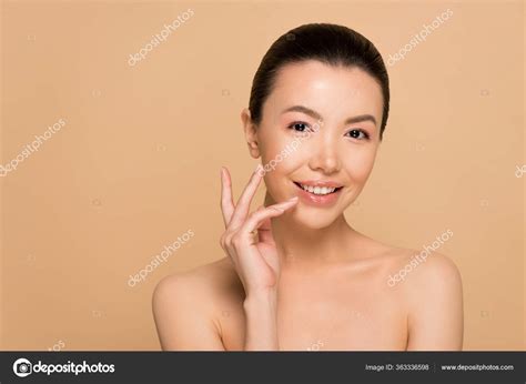 Happy Tender Naked Asian Woman Perfect Clean Skin Isolated Beige Stock