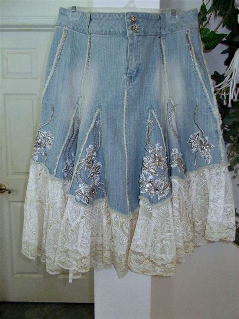 Ruffled Lace Tulle Jean Skirt Asymmetrical Hem Boho Fairy Fancy