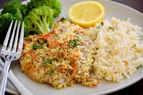 Baked Parmesan Crusted Tilapia With Rice Pilaf And Broccoli Pepper