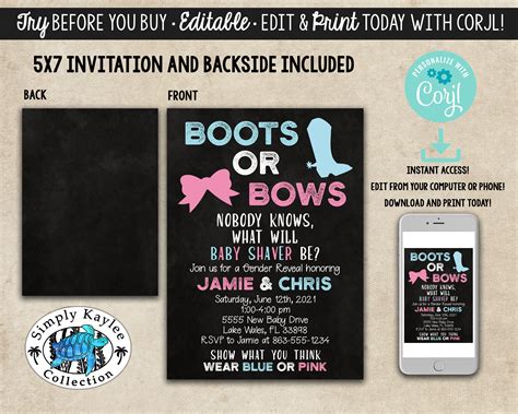 Boots Or Bows Gender Reveal Party Invitation Cowboy Or Etsy