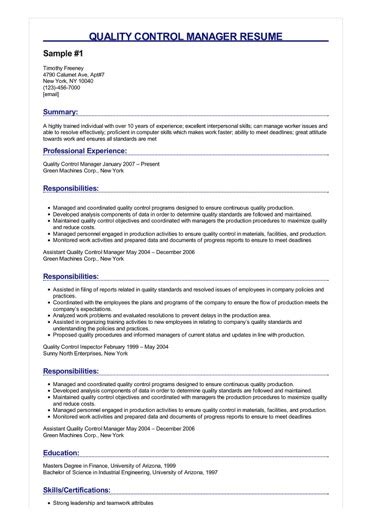 The resume begins by using a headline to target key areas of experience. Quality Control Manager Resume | Great Sample Resume