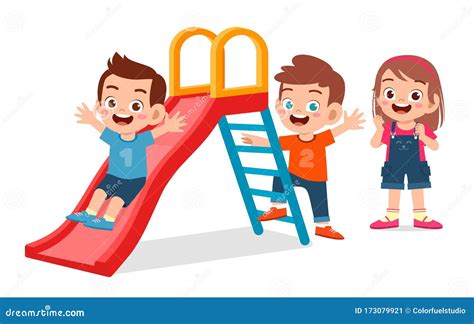 Happy Cute Kid Boy And Girl Play Slide Together Stock Vector