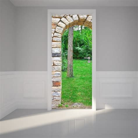 Door Wall Sticker Stone Arch Gate Through Green Forest Peel And Stick