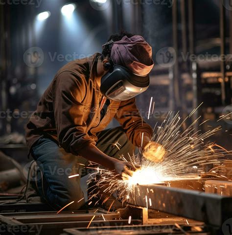 Young Man Welding With Sparks Near The Factory Industrial Machinery