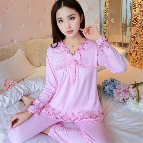 2018 Spring Autumn Pajamas Sexy Solid Color Sleepwear Suit Long Sleeved