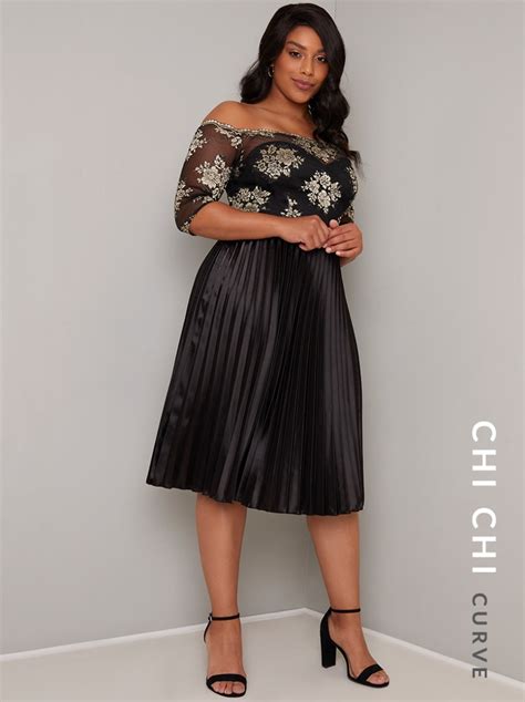 Plus Size Bardot Lace Bodice Pleat Midi Dress In Black Chi Chi London