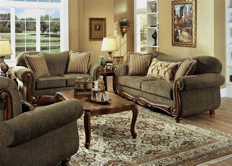 Pine Fabric Traditional Sofa And Loveseat Set Wrolled Arms Living