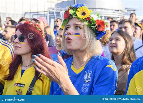 Ukrainian Soccer Fans Cheer At The Fan Zone In Downtown Kyiv Ukraine June 21 2021 While