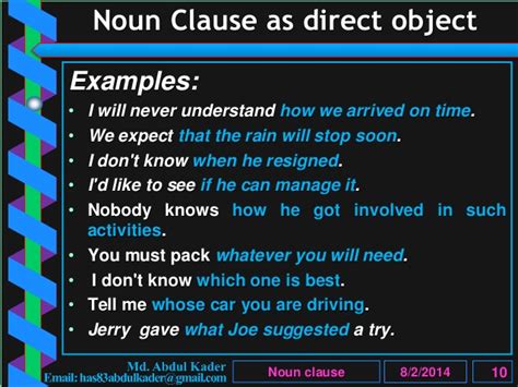 Check out our page and find our noun clause examples and learn how to weave a noun clause into your own writing. Clause (Part 5 of 10)-Noun clause