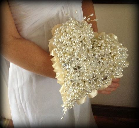 Brides Unique Heart Shaped Pearl And Crystal Keepsake Wedding Bouquet
