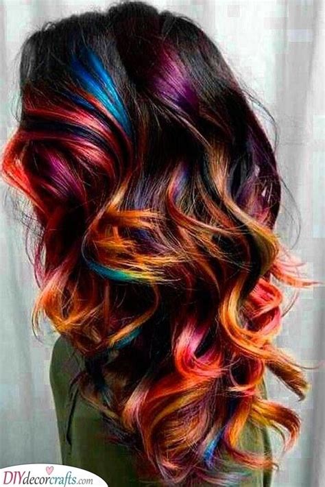 rainbow curls curly hairstyles for long hair in 2020 rainbow hair color brunette hair with