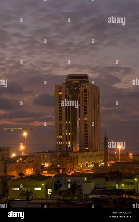 General View Of The City Of Tripoli By Night Showing The Al Fateh Tower