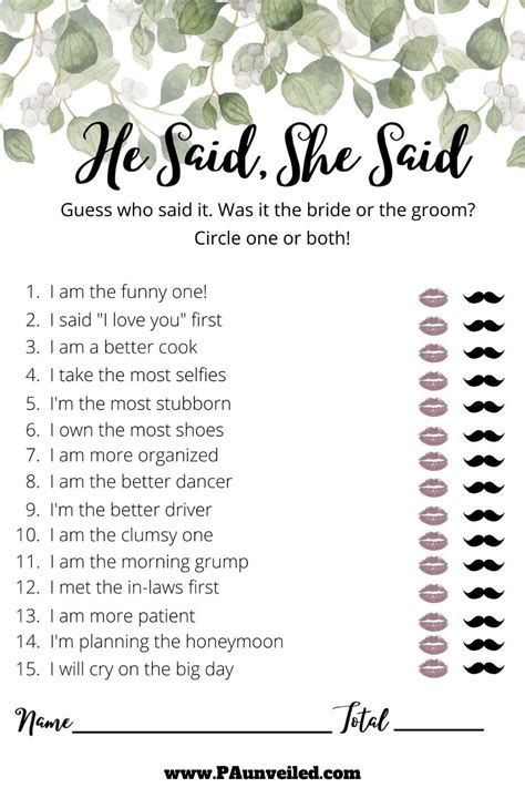 He Said She Said Bridal Shower Game Free Printable