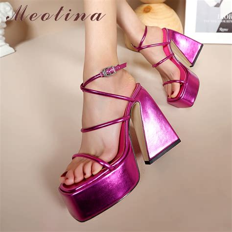 Meotina Shoes Women Genuine Leather Cross Strap Sandals Thick Super High Heels Platform Buckle